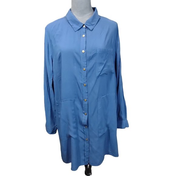 Denim 24/7 Tops - Denim 24/7 Shirt Blue Button Up Roll Tab Sleeve Long 3 Pocket Rayon Plus Sz 20W